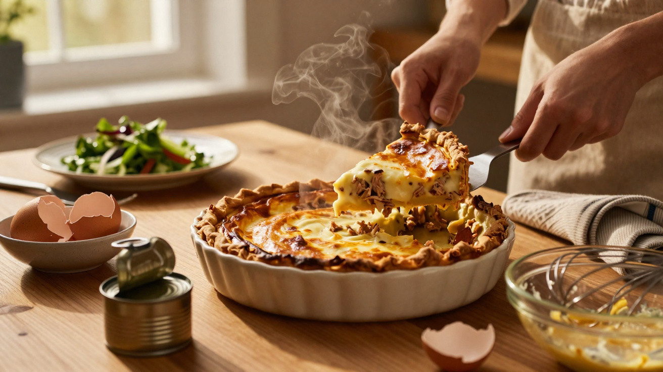 Pessoa retirando fatia quente de quiche de atum em prato branco sobre mesa de madeira com ingredientes ao redor