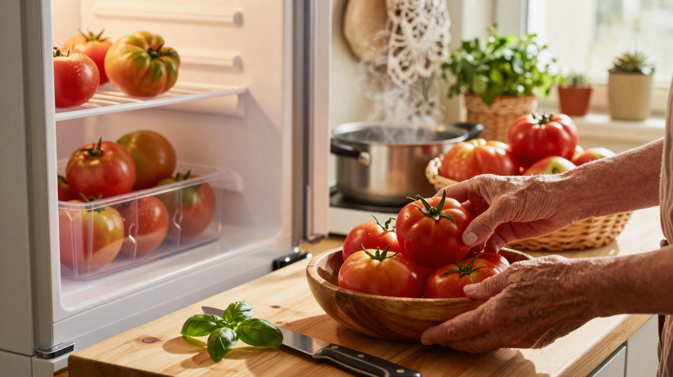 Mãos segurando tigela com tomates em cozinha, geladeira aberta ao fundo com mais tomates e manjericão na bancada.