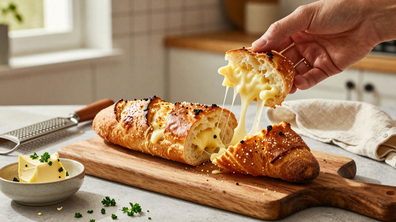 Pessoa segurando pedaço de pão recheado com queijo derretido sobre tábua de madeira.