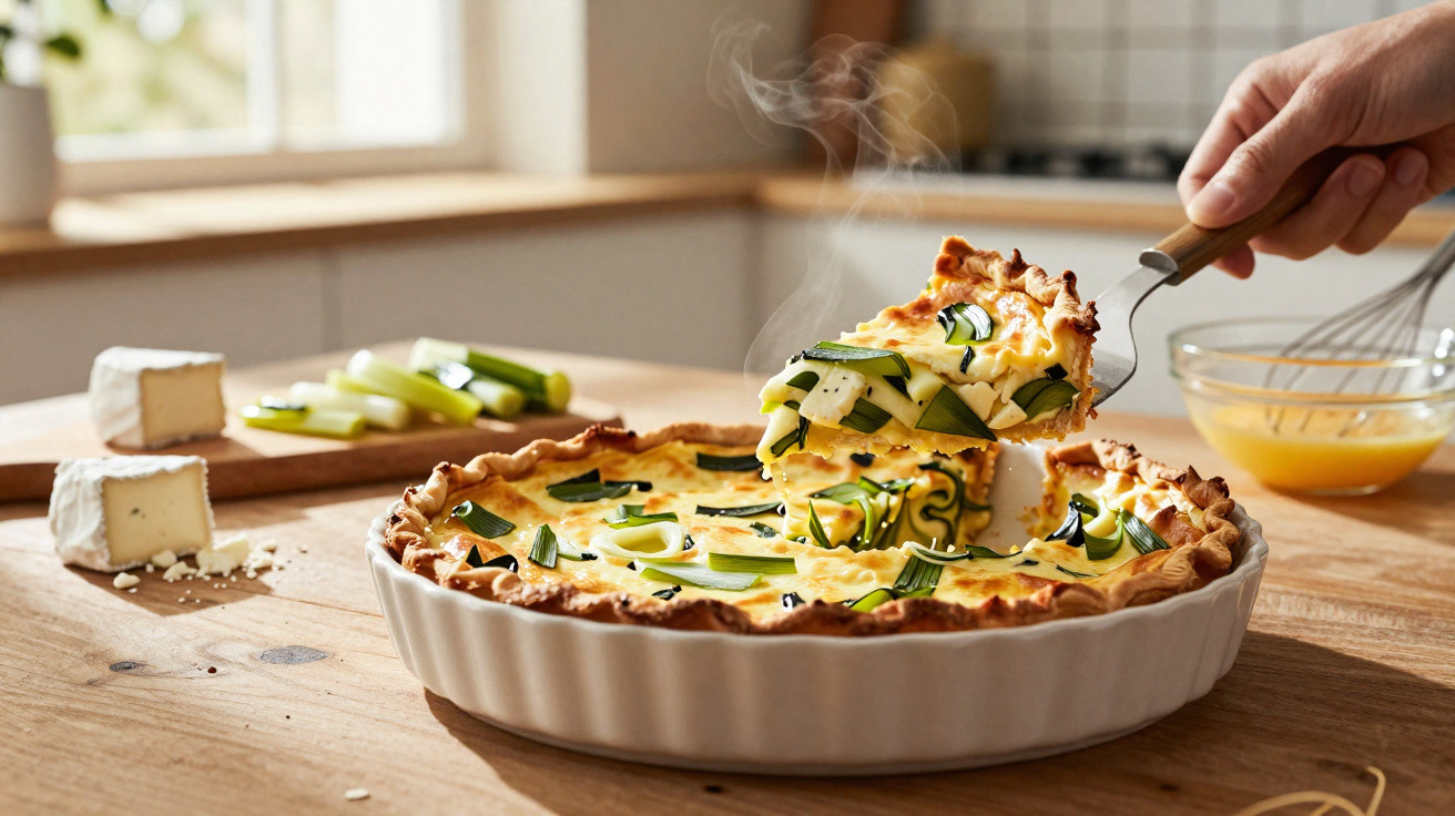 Torta salgada quente sendo servida, com queijo e fatias de legumes verdes sobre mesa de madeira.