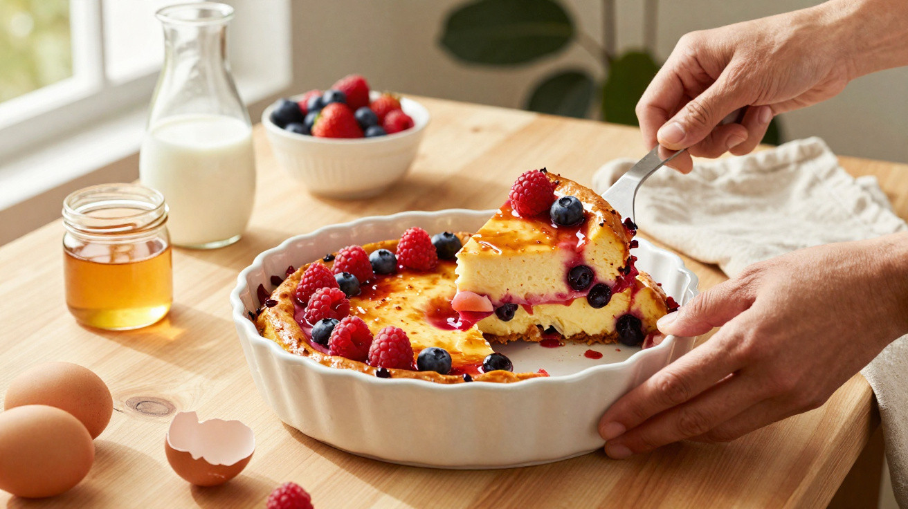 Pessoa servindo fatia de cheesecake com frutas vermelhas em forma branca sobre mesa de madeira.