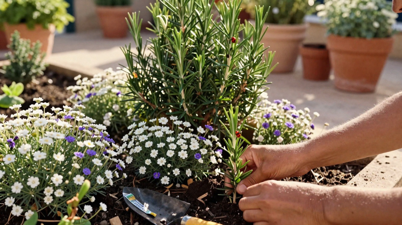 Pessoa plantando alecrim em jardim com flores brancas e roxas ao redor em dia ensolarado.