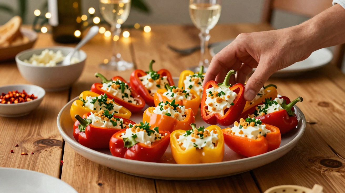 Prato de mini pimentões vermelhos, amarelos e laranja recheados com creme branco e ervas em mesa de madeira.