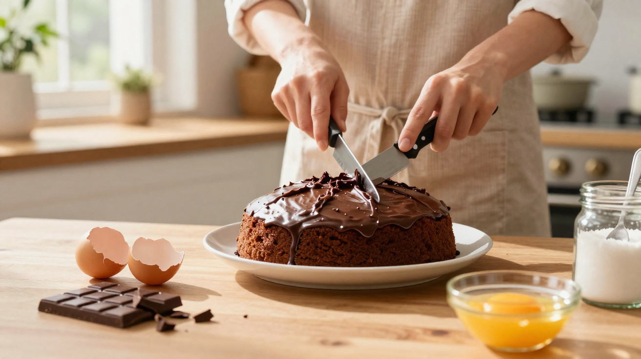 Pessoa cortando bolo de chocolate com cobertura em uma cozinha com ingredientes ao redor.