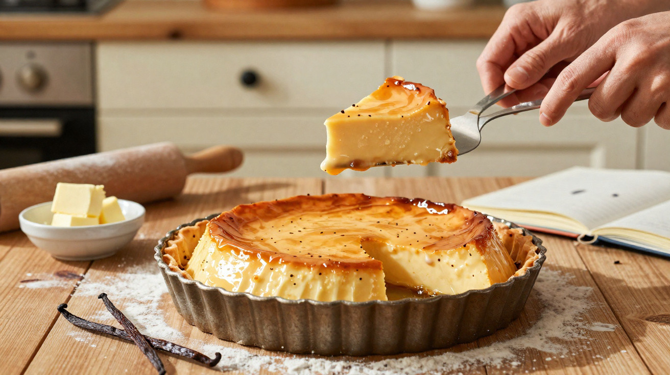 Mãos seguram uma fatia de torta de pudim caramelizado em forma metálica sobre mesa de madeira.
