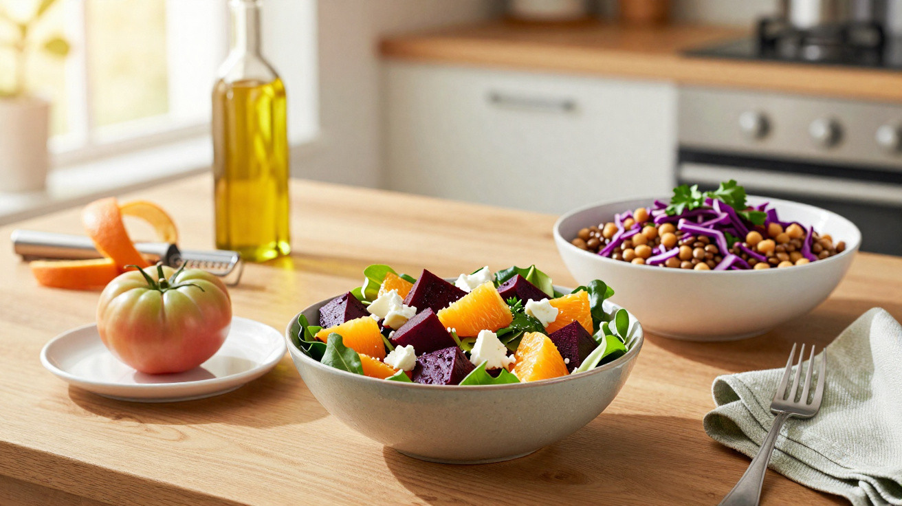 Salada colorida com beterraba, laranja e queijo, ao lado de tigela com grão-de-bico e repolho roxo.