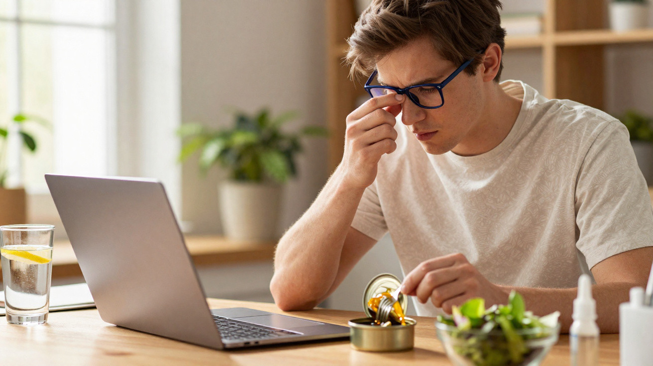 Homem com óculos ajusta armação enquanto pinga colírio em uma lata em frente a um laptop.