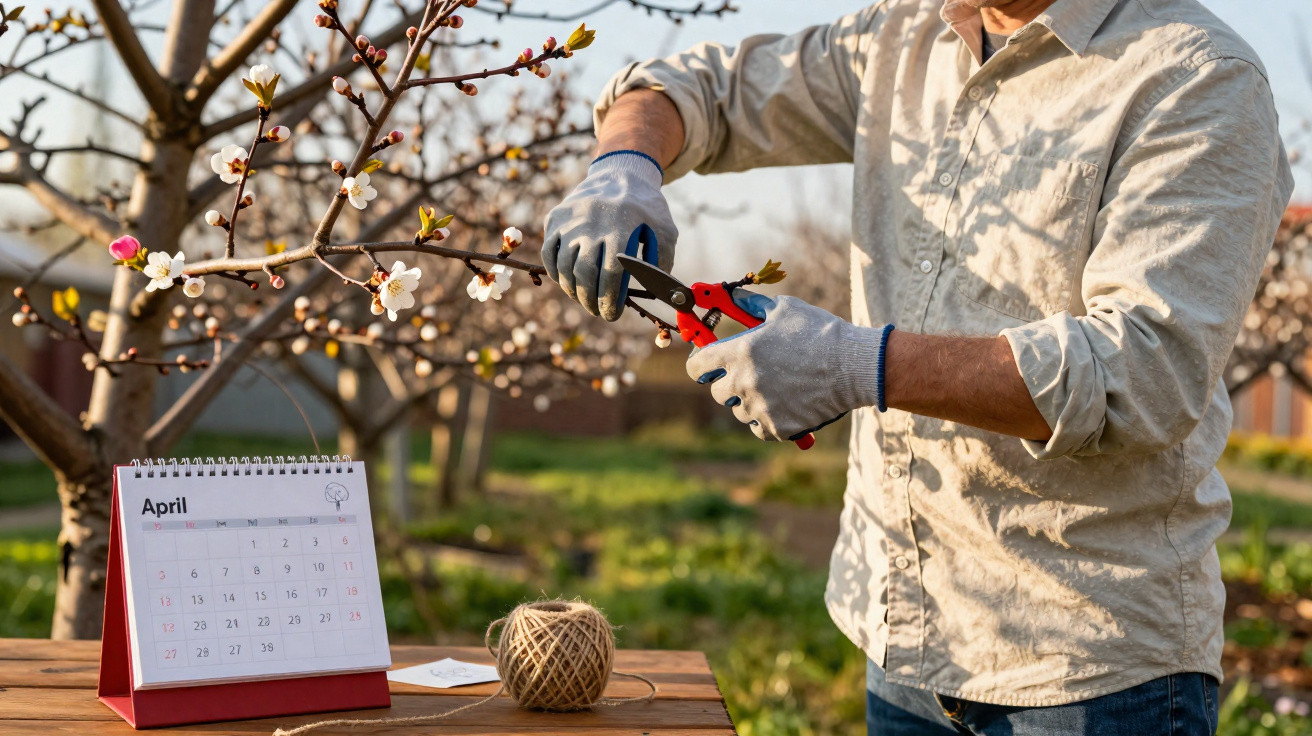 Pessoa podando galho florido com tesoura de poda em pomar durante primavera, calendário abril ao lado.