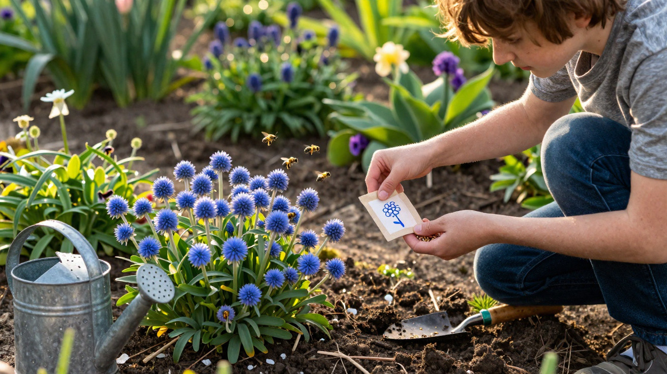 Menino plantando flores azuis em jardim com regador e abelhas voando ao redor das flores.