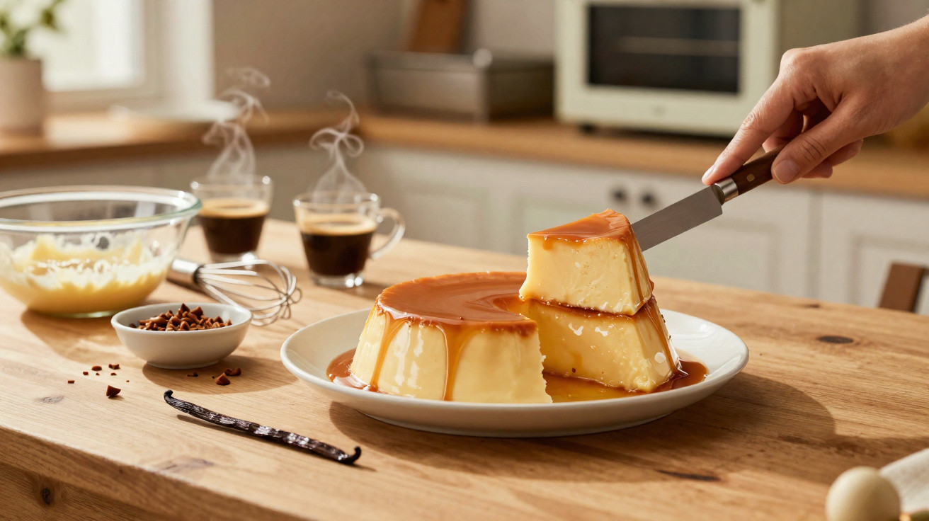 Flan de caramelo sendo cortado numa cozinha com café e ingredientes ao fundo.