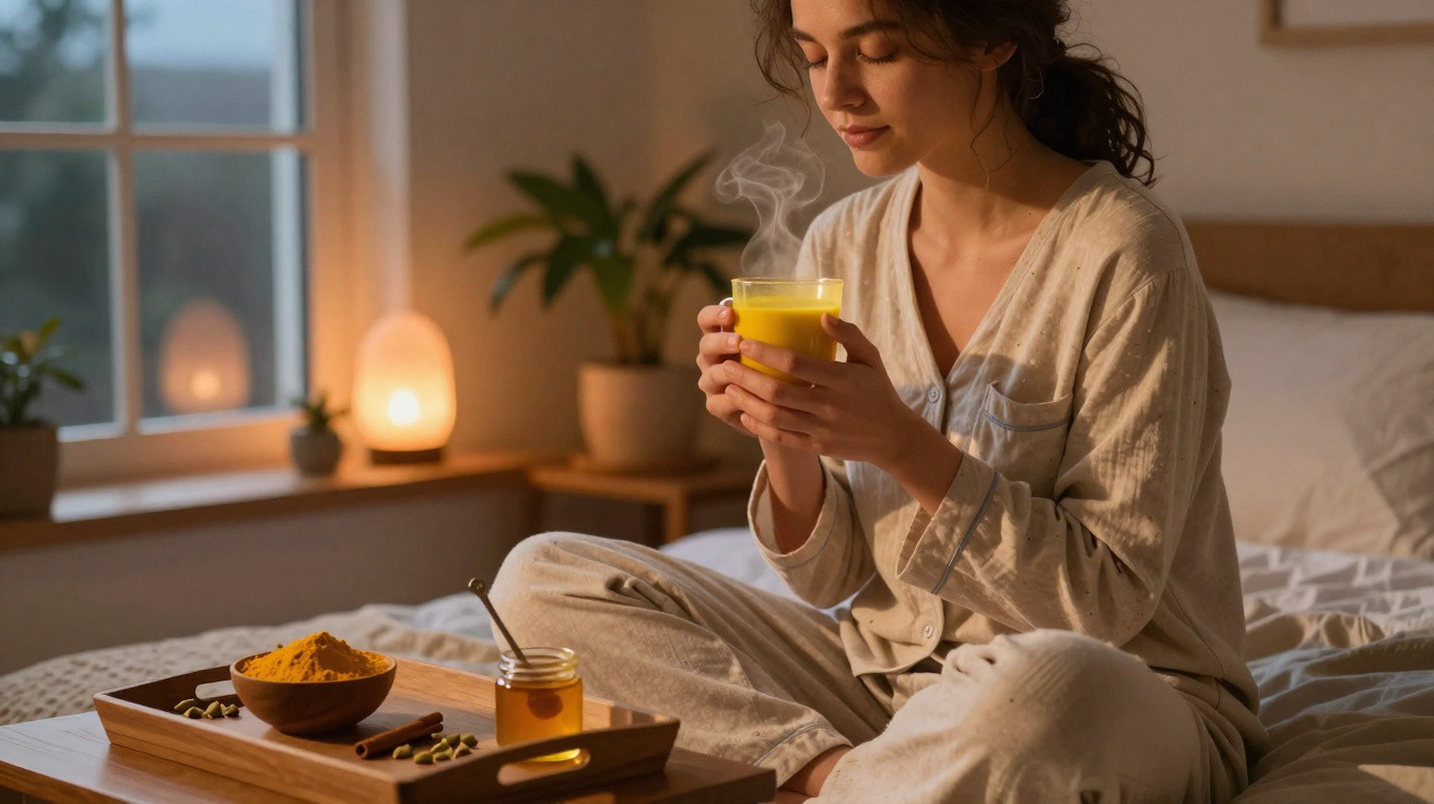 Mulher sentada na cama tomando bebida quente em ambiente aconchegante com luz suave.