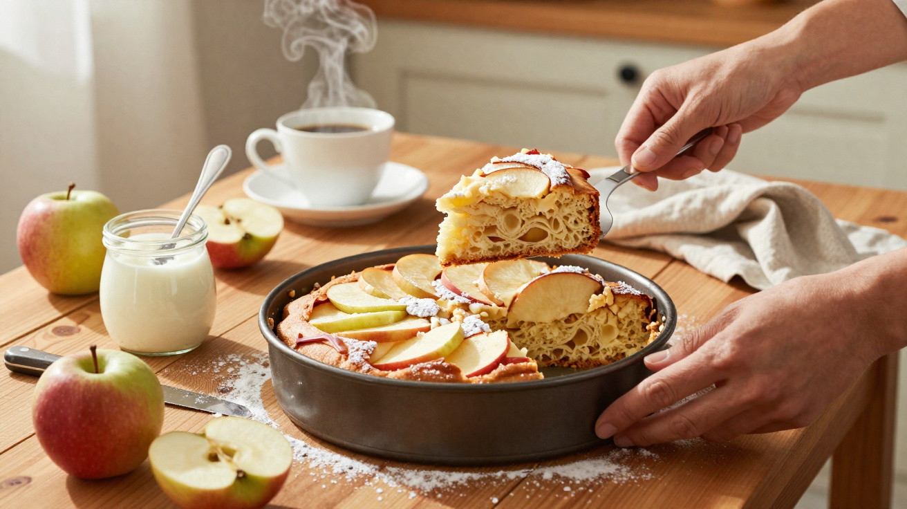 Pessoa retirando fatia de torta de maçã em forma redonda, com maçãs frescas, iogurte e café ao fundo.