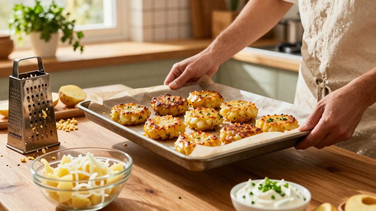 Pessoa segurando assadeira com bolinhos dourados de batata na cozinha iluminada, ao lado de ralador e tigela.