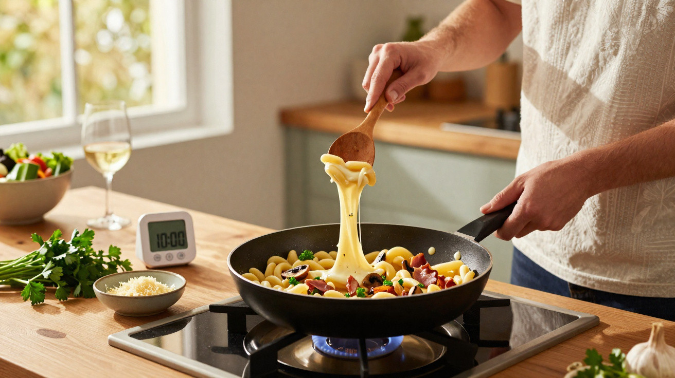 Pessoa cozinhando macarrão com queijo derretido e legumes em frigideira sobre fogão a gás na cozinha.