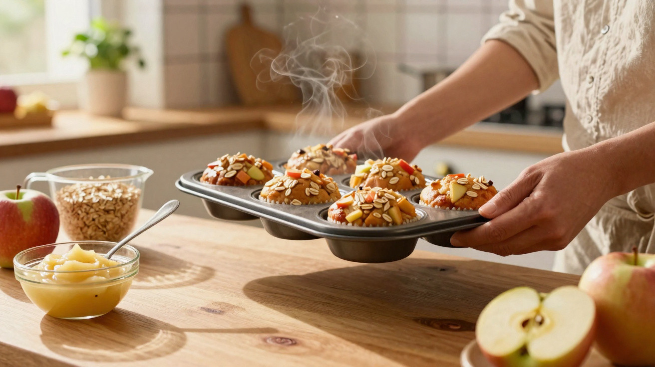 Pessoa segurando forma com muffins quentes decorados com aveia e pedaços de maçã em cozinha iluminada
