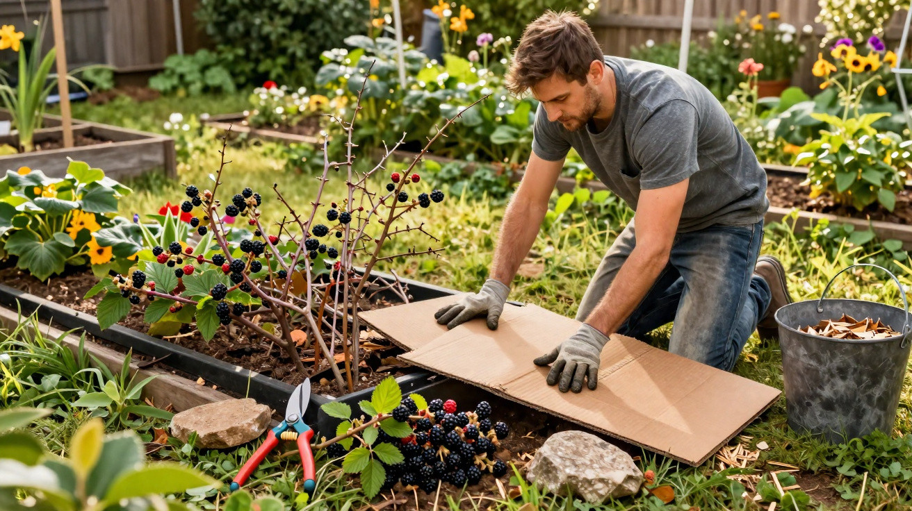 Homem ajoelhado cuidando do jardim com plantações e flores em canteiros elevados.