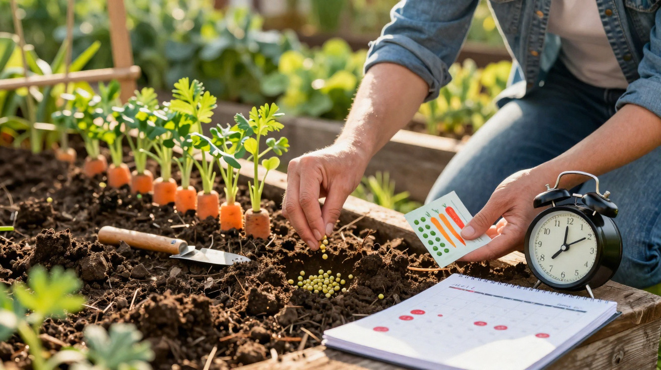 Pessoa plantando sementes em canteiro com mudas de cenoura, calendário e relógio ao lado.