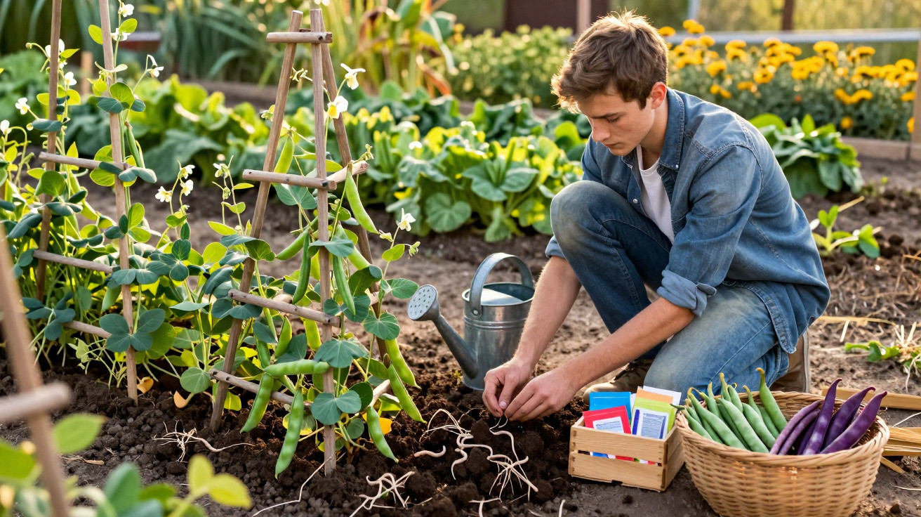 Jovem planta sementes em horta ao ar livre cercado por plantas e legumes frescos em cesta.