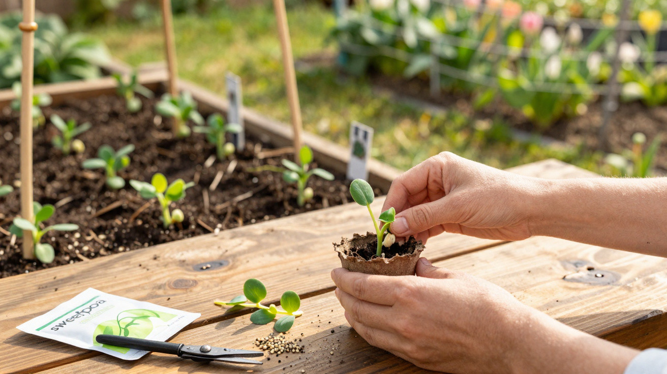 Mãos plantando muda em vaso biodegradável sobre mesa de madeira com jardim ao fundo.