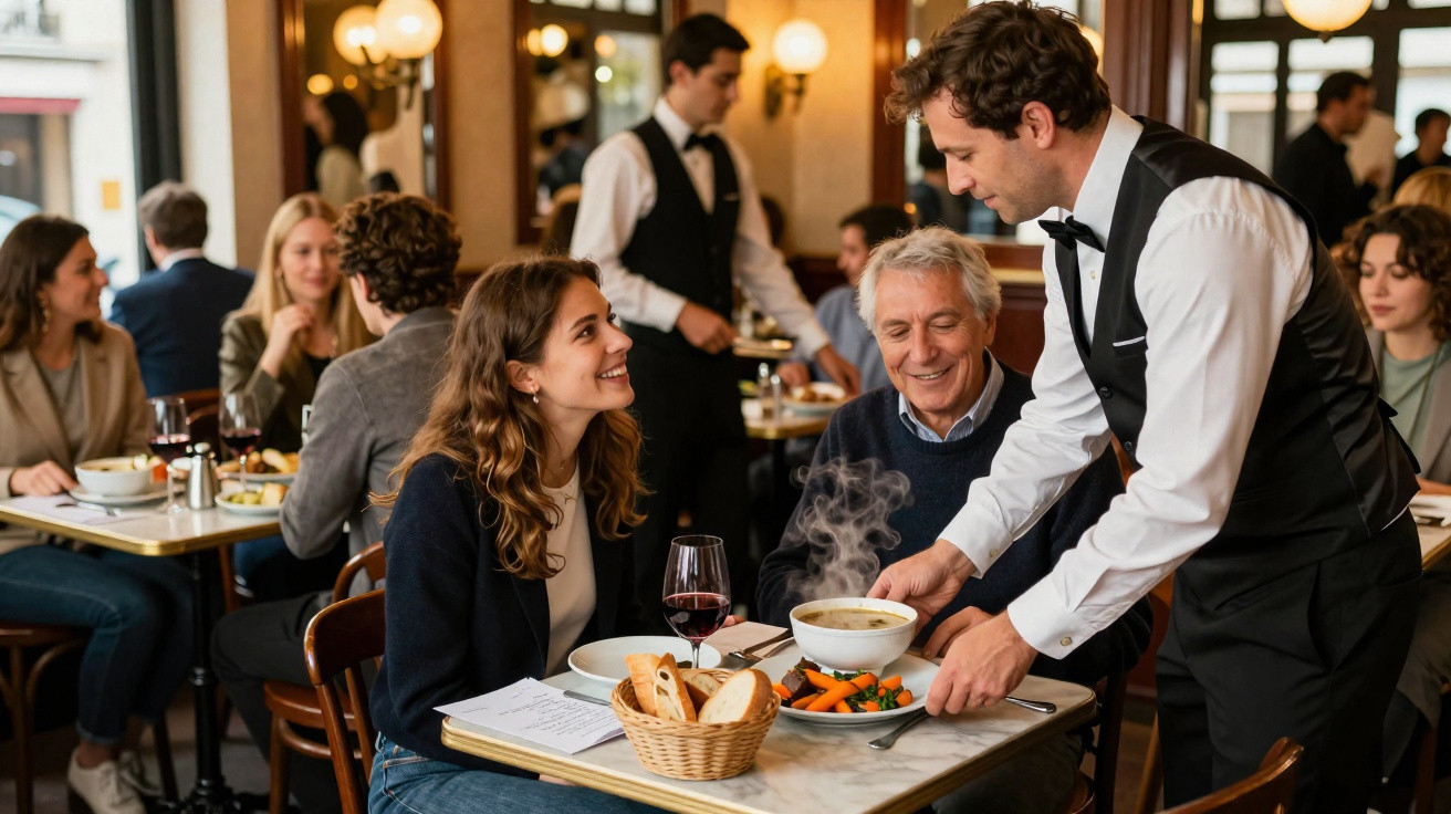 Garçom servindo sopa quente para casal em restaurante clássico com clientes ao fundo.