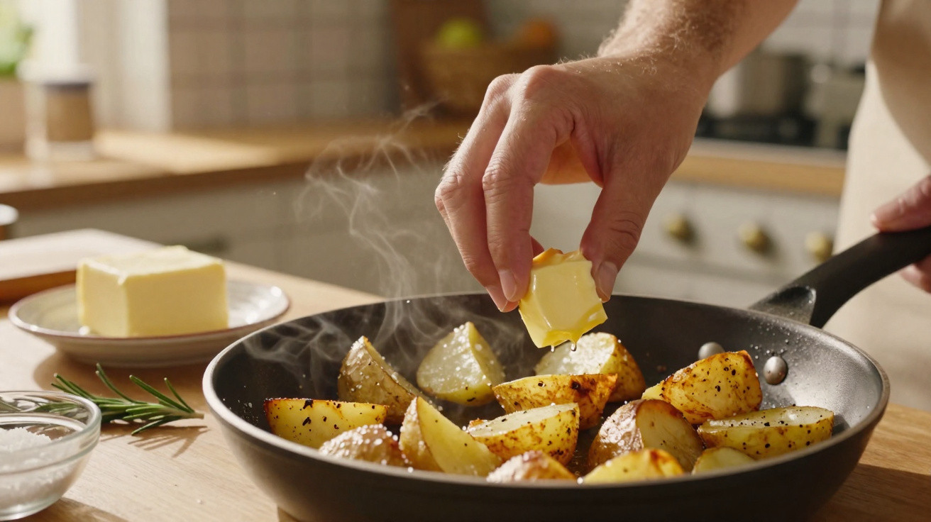 Mão colocando manteiga em batatas douradas temperadas em frigideira em cozinha iluminada.