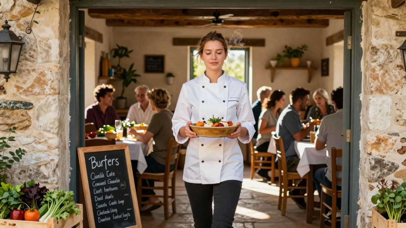 Chef mulher carregando prato com comida fresca em restaurante rústico com clientes ao fundo conversando.