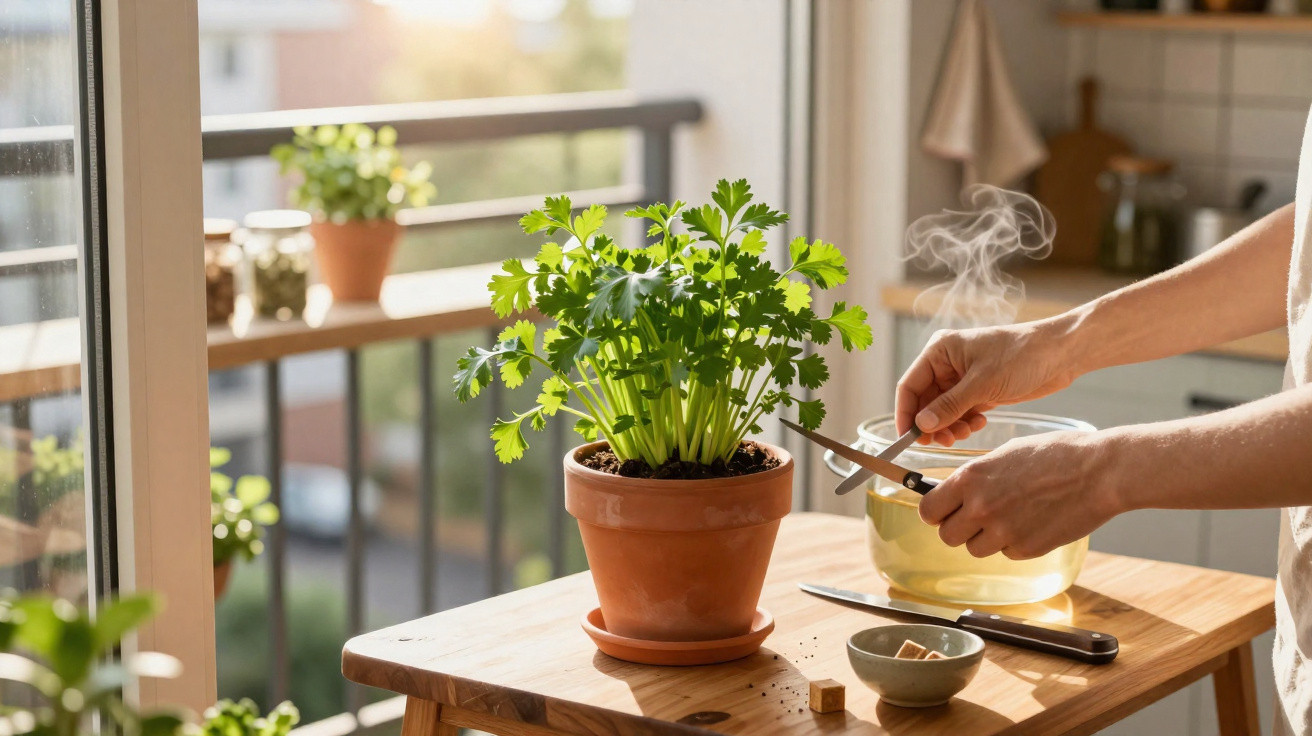 Pessoa cortando salsa ao lado de panela com vapor em cozinha iluminada por luz natural.