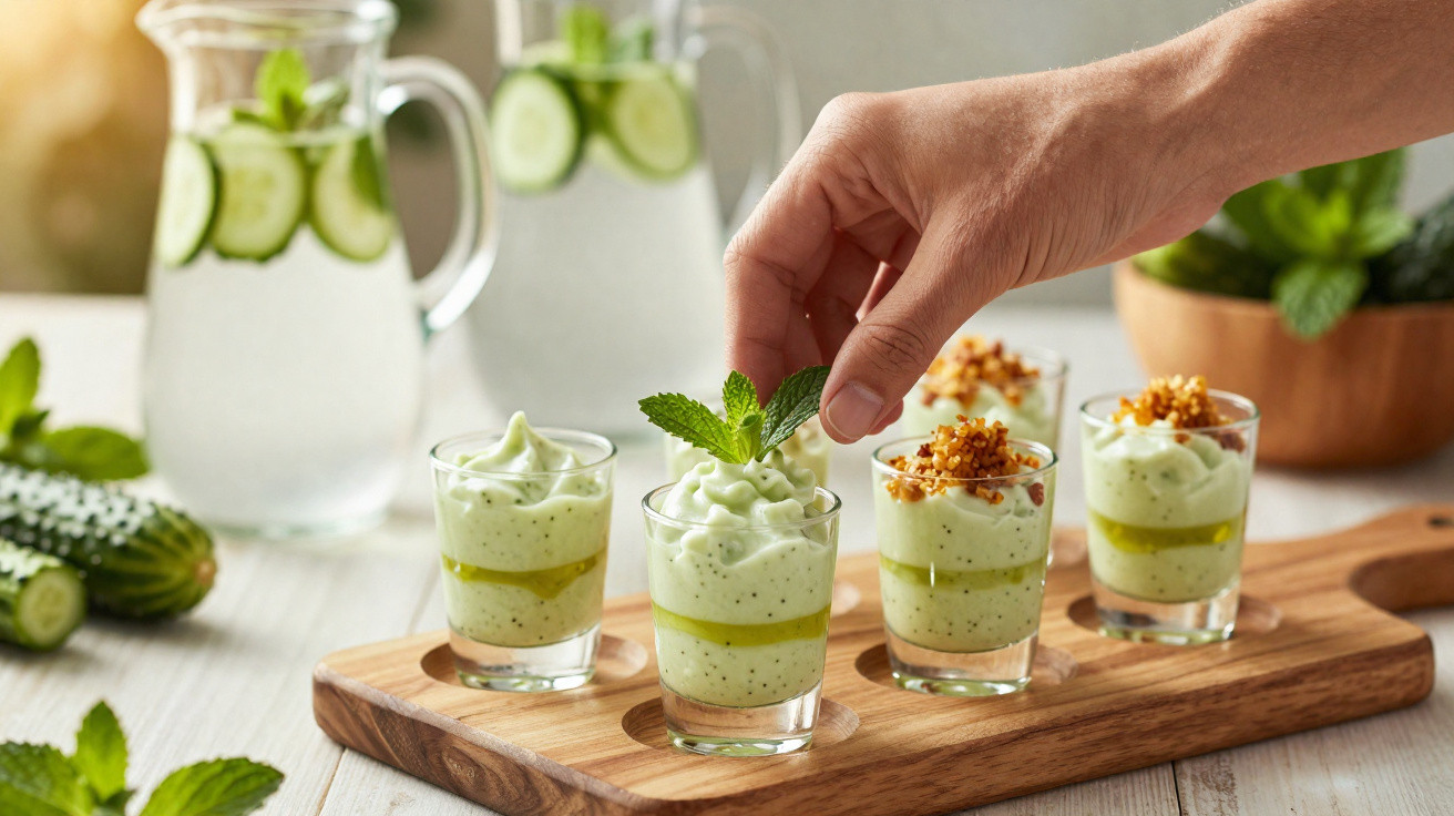 Mão decorando copo com mousse verde e hortelã, ao fundo jarras com água, pepino e hortelã.