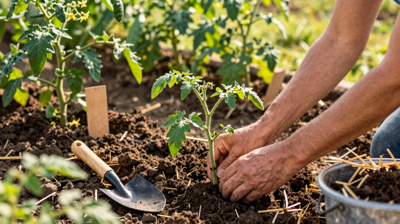 Mãos plantando muda de tomateiro em solo fértil com pá de jardinagem ao lado e marcação de madeira.