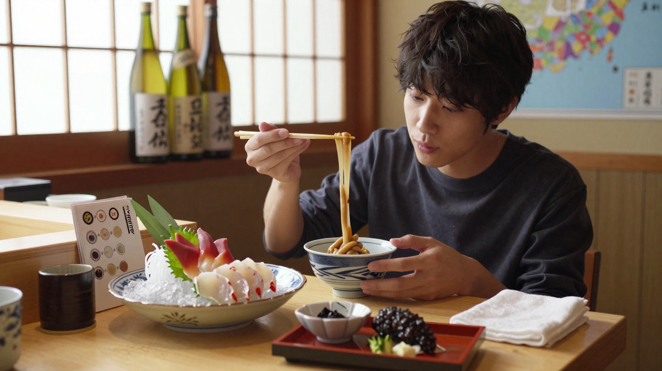 Jovem comendo macarrão japonês com hashis em restaurante tradicional com pratos variados e garrafas ao fundo.