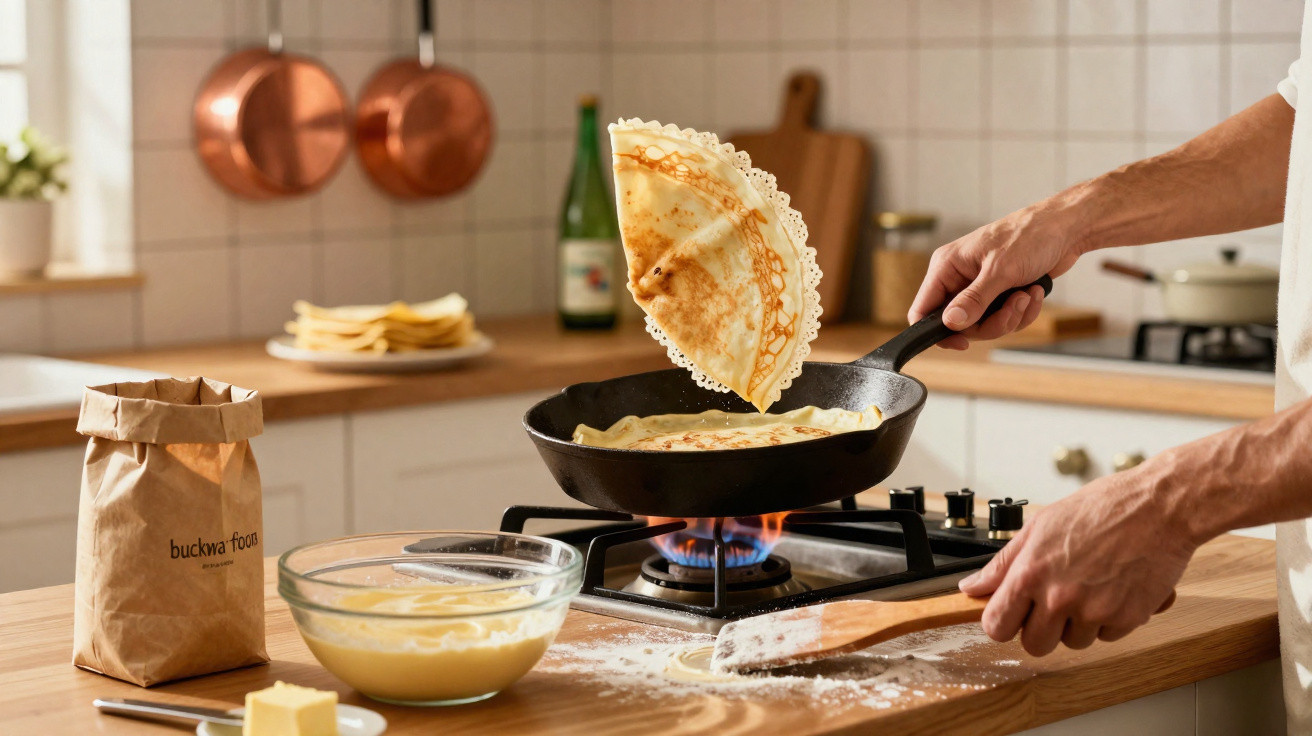 Pessoa virando panqueca em frigideira sobre fogão com bancada com ingredientes e utencílios na cozinha.