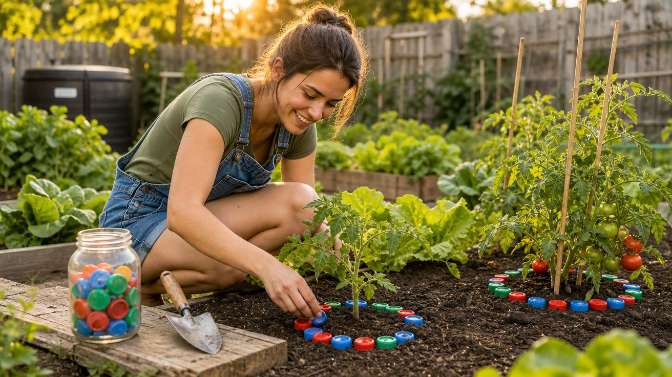 Jovem sorridente cuida de plantas em horta, usando tampinhas coloridas para proteger as mudas.