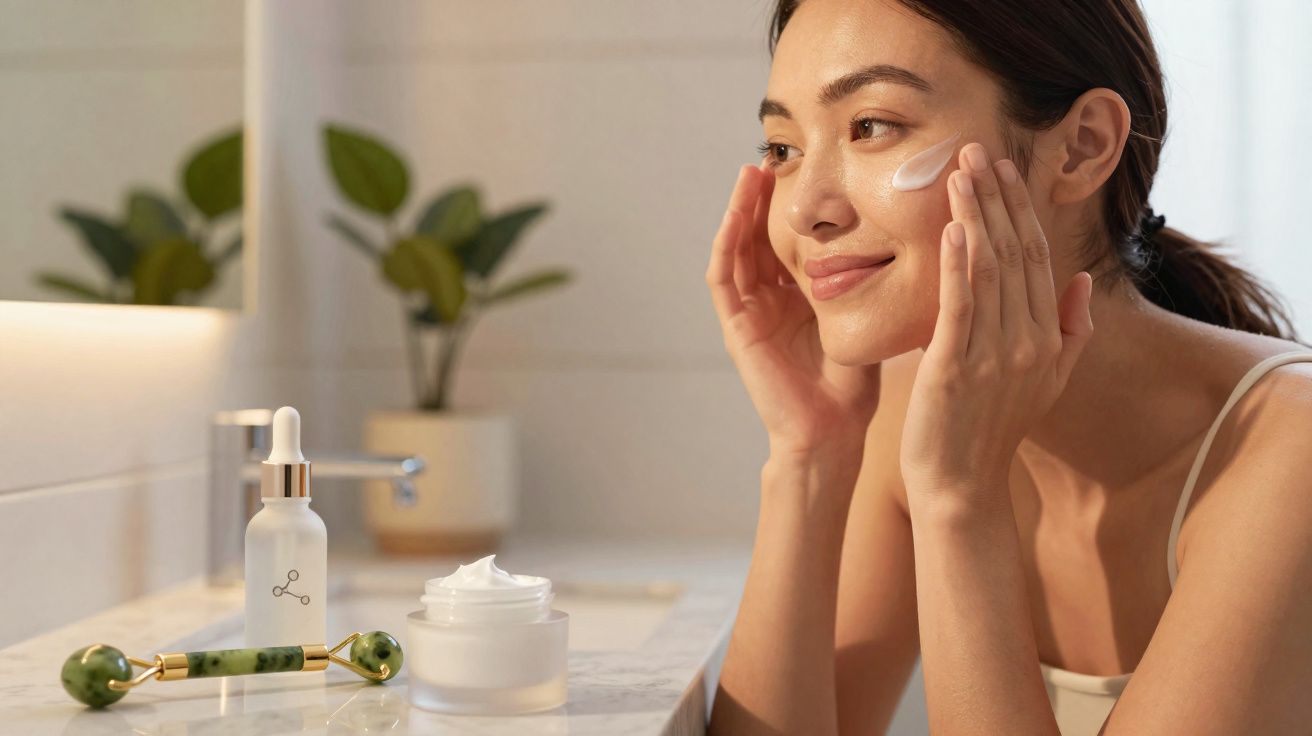 Mulher aplicando creme facial no rosto em banheiro com produtos de cuidados na bancada.