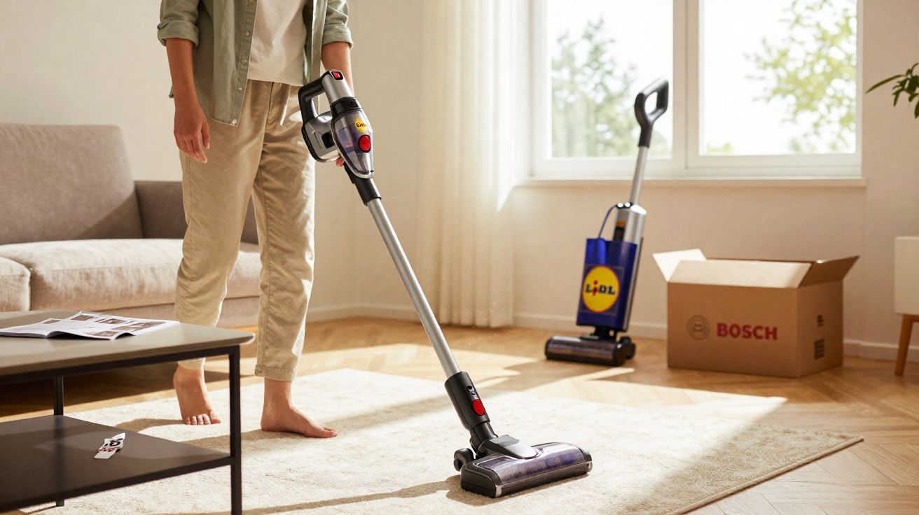 Pessoa usando aspirador vertical sem fio para limpar tapete em sala iluminada com caixa Bosch e outro aspirador ao fundo.