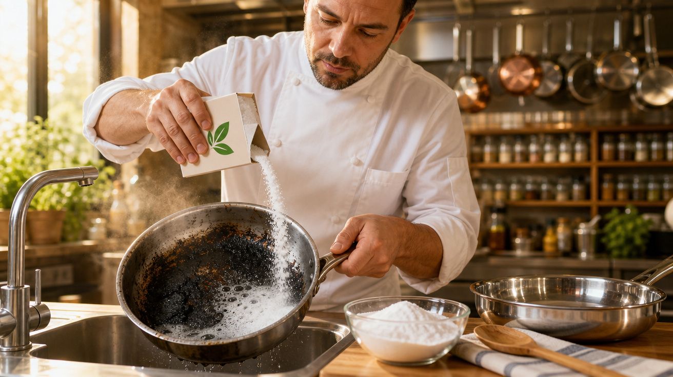 Homem adiciona bicarbonato para limpar frigideira queimada na pia da cozinha.