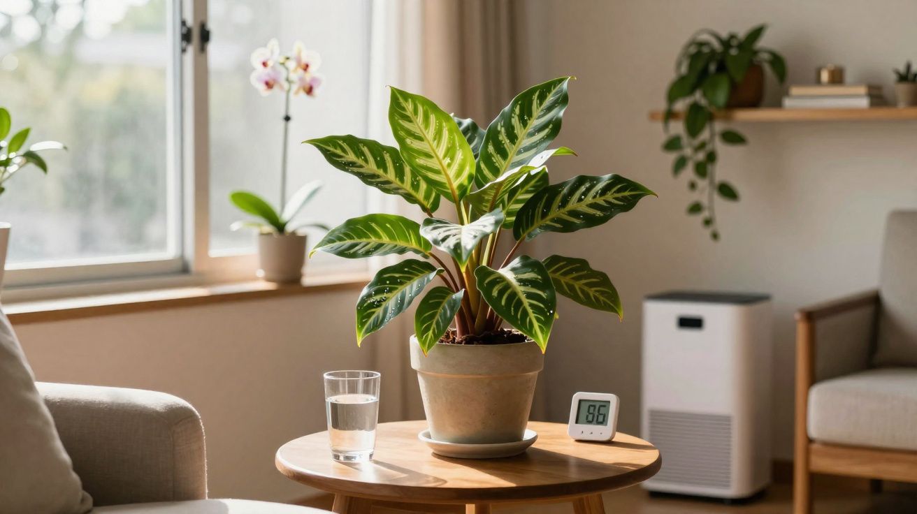 Planta verde em vaso sobre mesa de madeira com copo d'água e termômetro digital em sala iluminada.