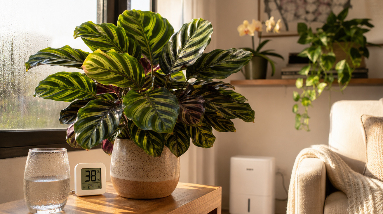 Planta verde em vaso sobre mesa com copo d’água, higrômetro e umidade em ambiente iluminado e aconchegante.
