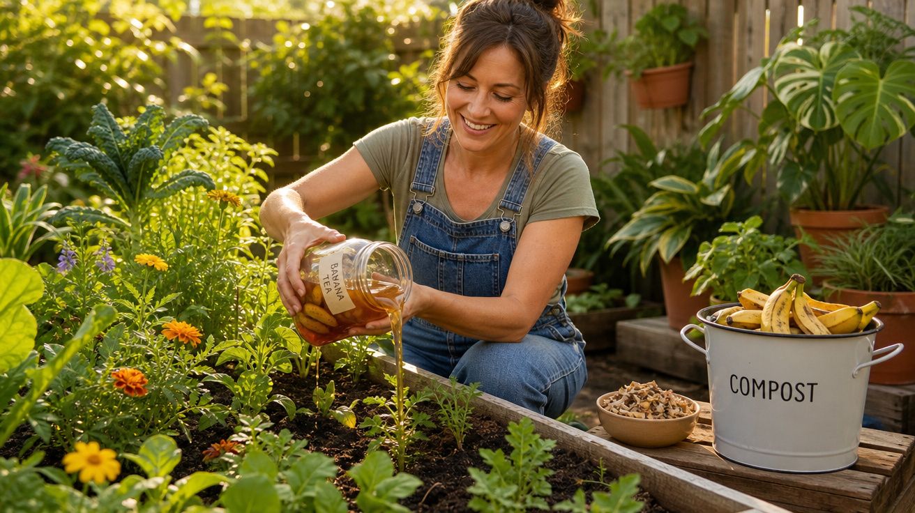 Mulher regando plantas em jardim com chá de banana, ao lado de balde de compostagem.