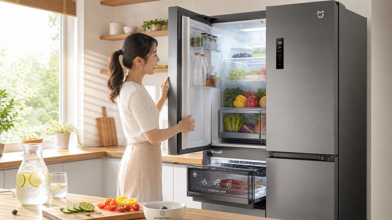 Mulher abrindo geladeira moderna em cozinha iluminada com frutas e vegetais frescos dentro.