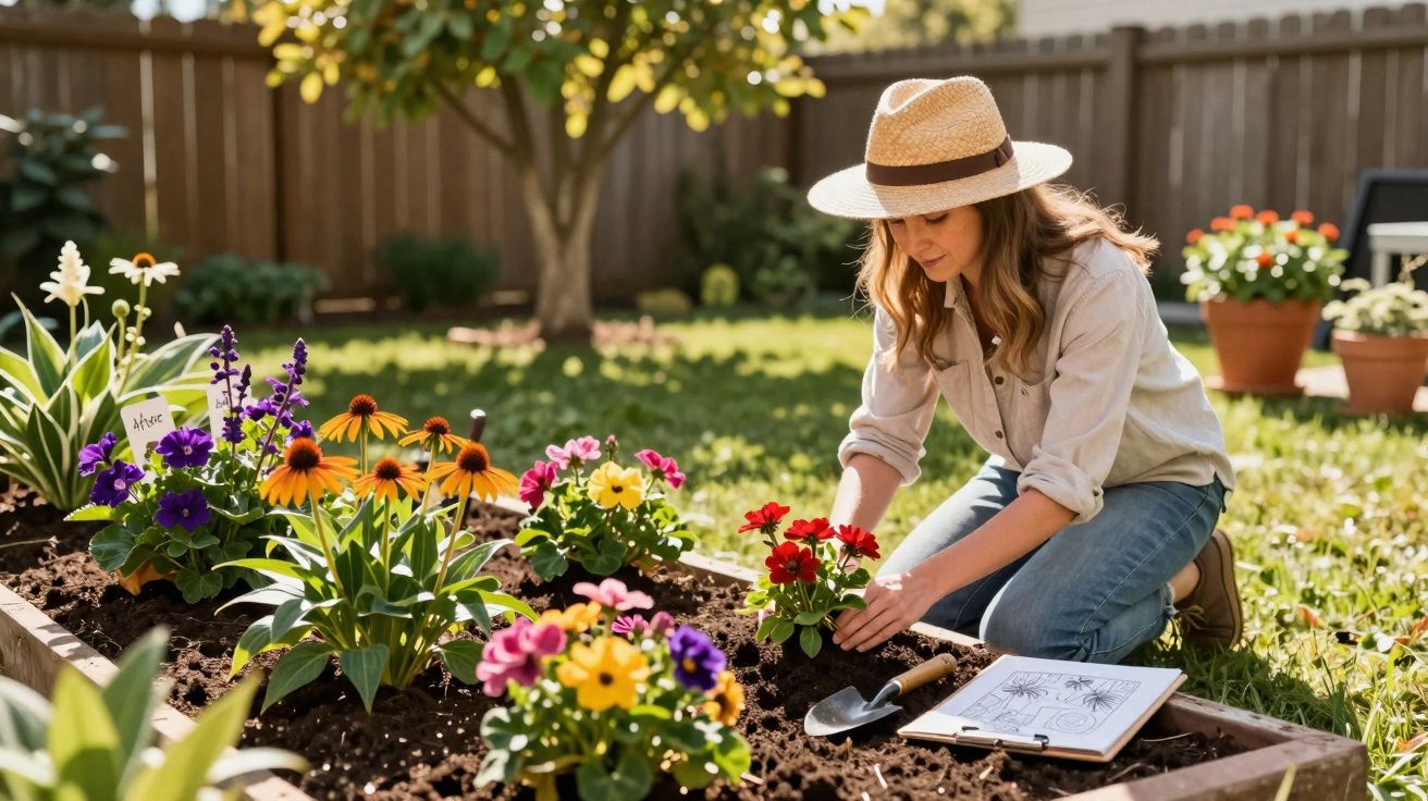 Mulher com chapéu plantando flores coloridas em canteiro de jardim ensolarado.