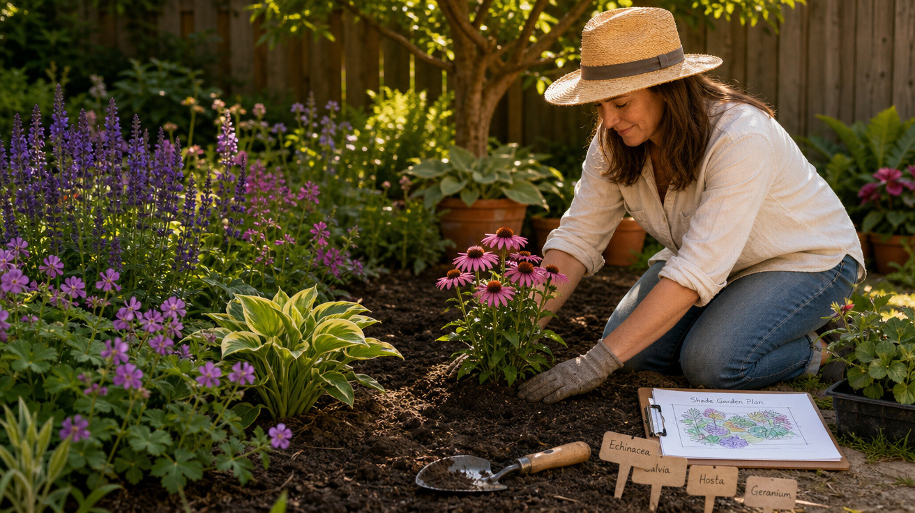 Mulher com chapéu plantando flores em jardim ensolarado, com placa de identificação das plantas ao lado.