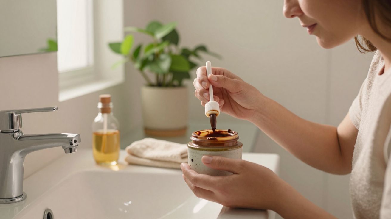 Mulher segurando pote e aplicador de serum marron em banheiro claro com planta ao fundo.