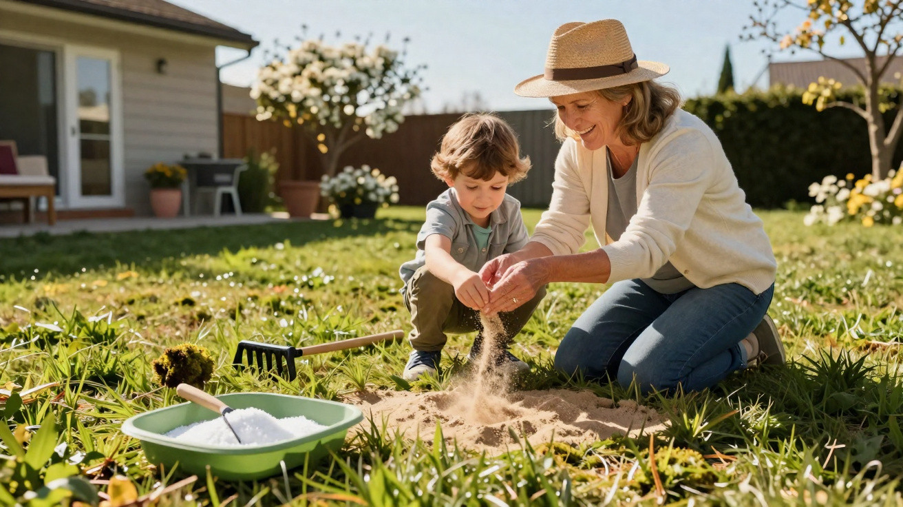 Mulher com chapéu e menino brincam com terra em jardim ensolarado, com ferramentas de jardinagem próximas.