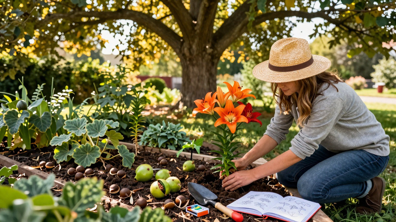 Mulher com chapéu plantando flores laranjas em jardim sob árvore em dia ensolarado.