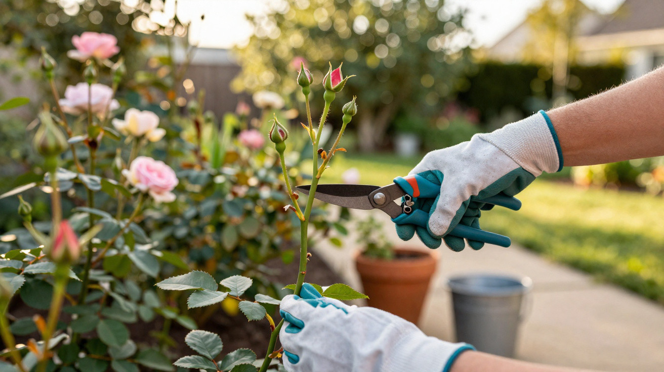 Pessoa com luvas podando uma planta de rosas com tesoura de jardinagem em jardim ensolarado.