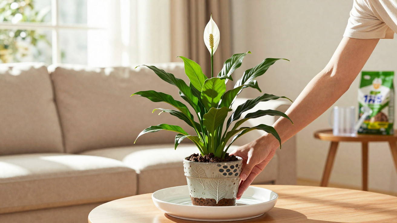 Planta elegante em vaso decorativo sendo colocada sobre mesa de madeira em sala iluminada.