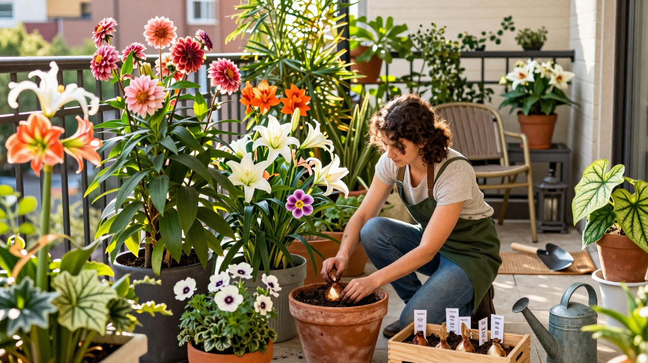 Mulher cuidando de flores em vaso no terraço com plantas coloridas e ferramentas de jardinagem.