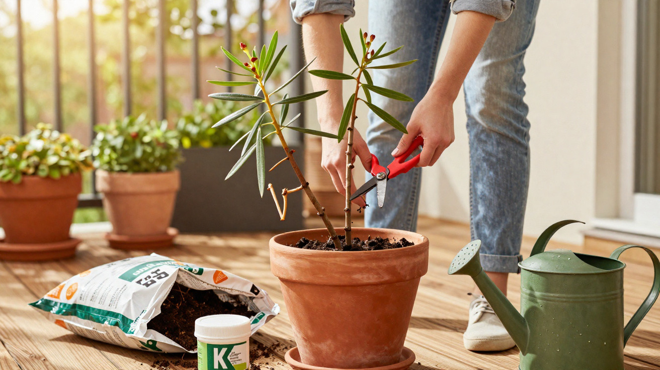 Pessoa podando planta em vaso de barro com tesoura de poda em varanda iluminada pela luz do dia.