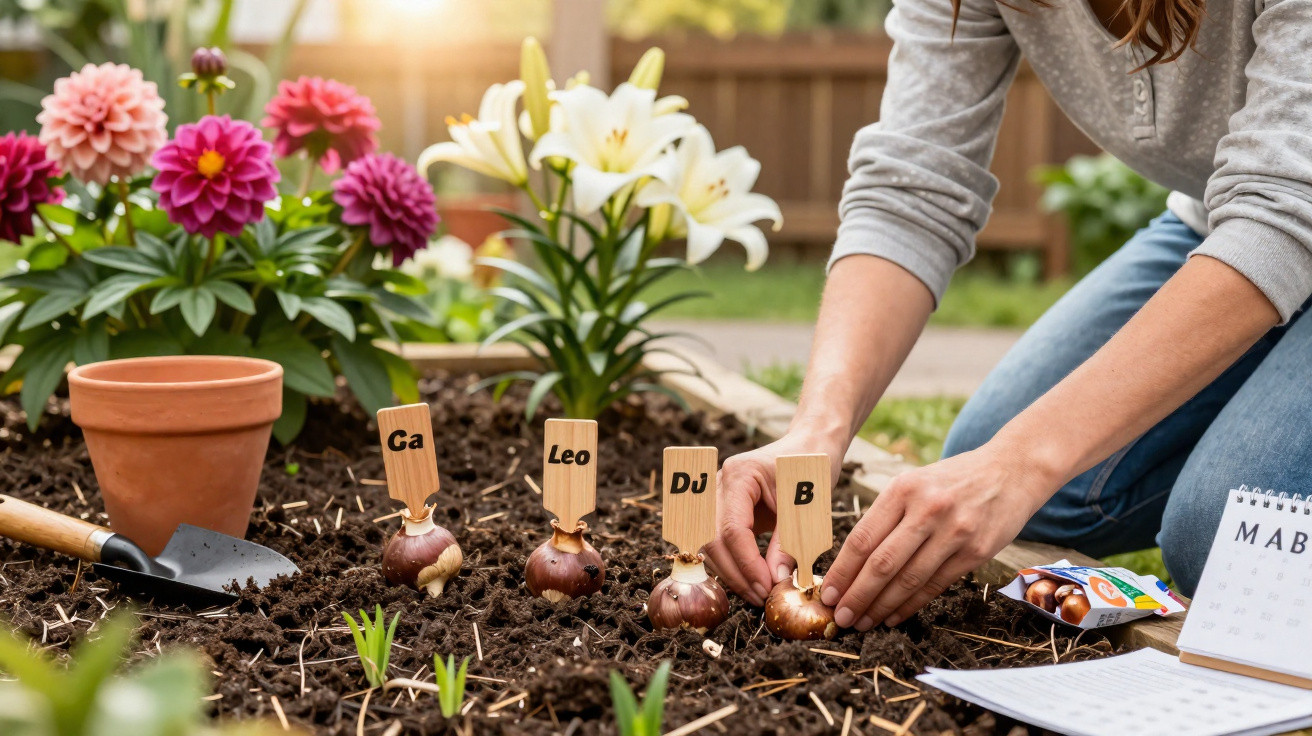 Pessoa plantando bulbos em canteiro com flores e etiquetas de nomes em jardim ensolarado.