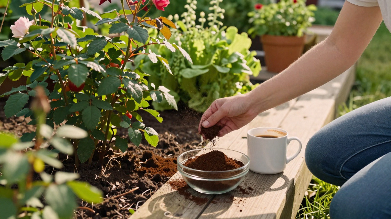 Pessoa aplicando borra de café no solo próximo a rosas em um jardim ensolarado.